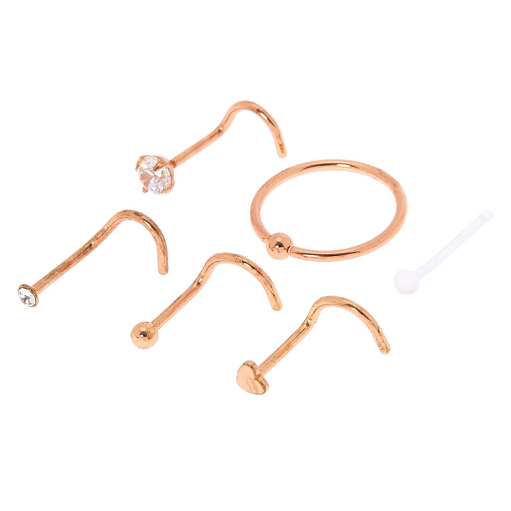 Rose Gold Cubic Zirconia Mixed Nose Studs & Ring - 6 Pack,