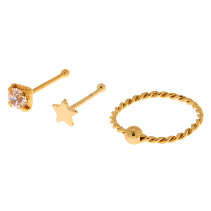 Gold Sterling Silver 22G Crystal Star Stud & Hoop Nose Rings - 3 Pack,