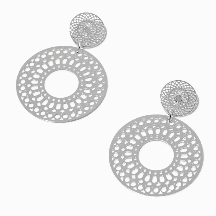 Silver-tone Filigree Double Disc 1.5&quot; Drop Earrings ,