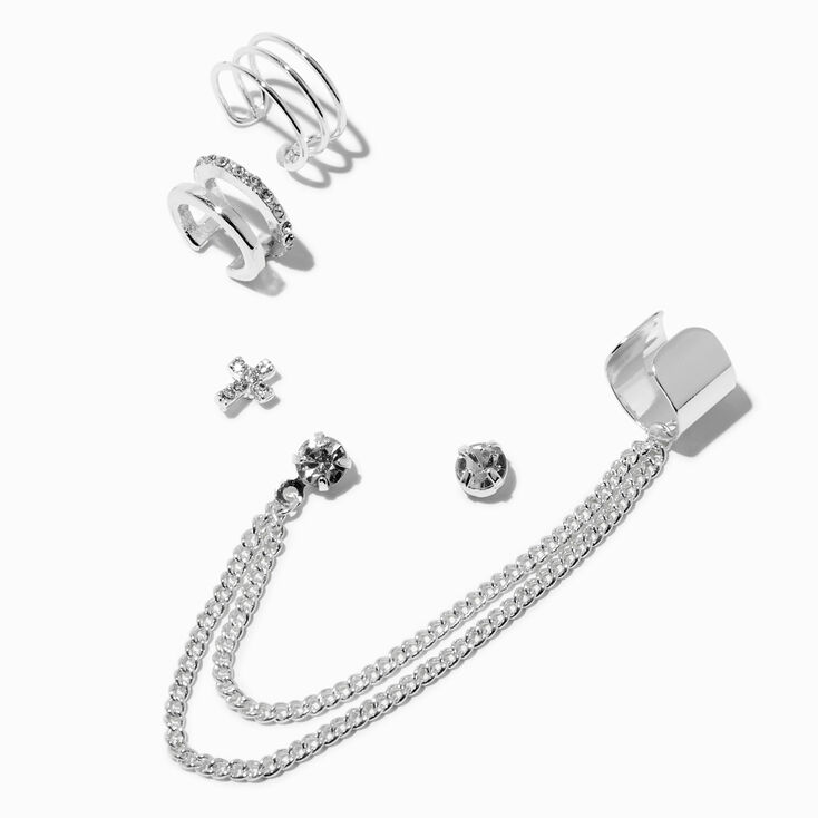 Silver-tone Cross Chain Ear Cuff Connector Stack Earrings,