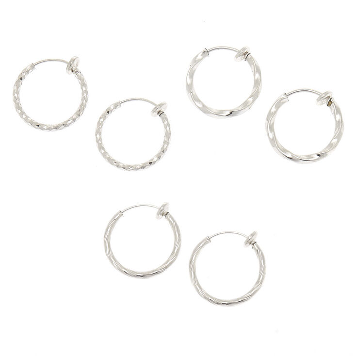 Silver 15MM Textured Clip On Hoop Earrings - 3 Pack,
