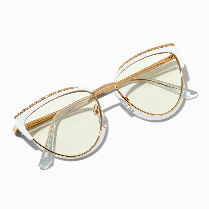 White Browline Gold Metal Cat Eye Clear Lens Frames,