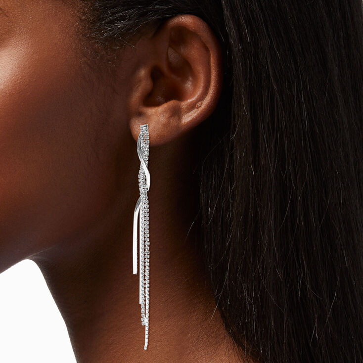 Silver Herringbone Twist 4&quot; Linear Drop Earrings,