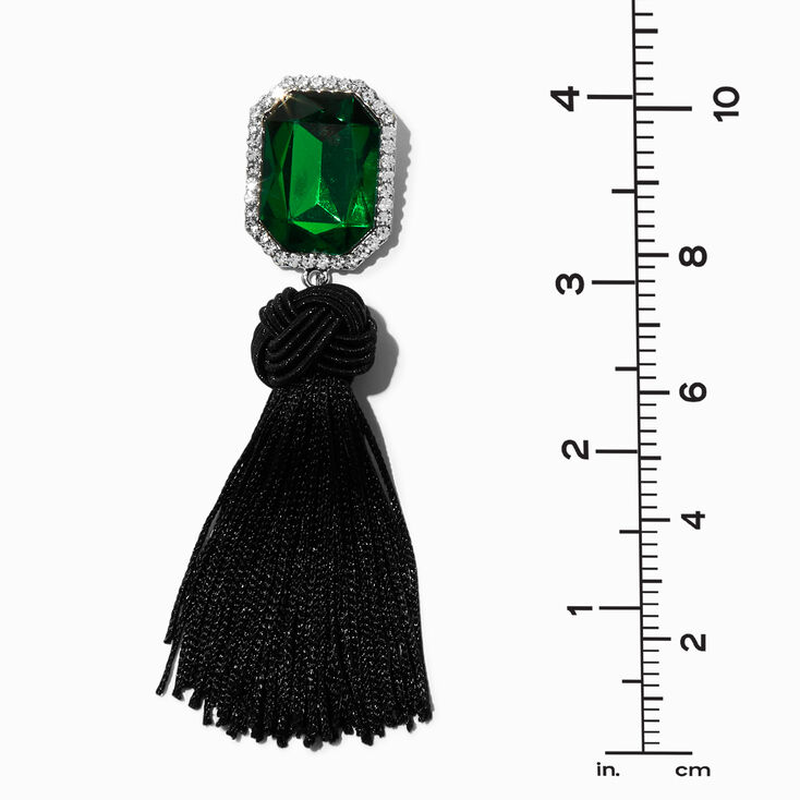 Emerald Green Gemstone &amp; Black Tassel 4&quot; Drop Earrings,