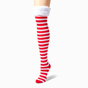 Red &amp; White Striped Furry Trim Over The Knee Socks,