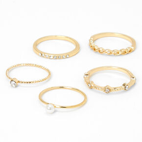 Gold Crystal &amp; Pearl Rings - 5 Pack,