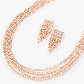 Rose Gold Rhinestone Multi Strand Necklace &amp; Drop Earrings Set - 2 Pack,