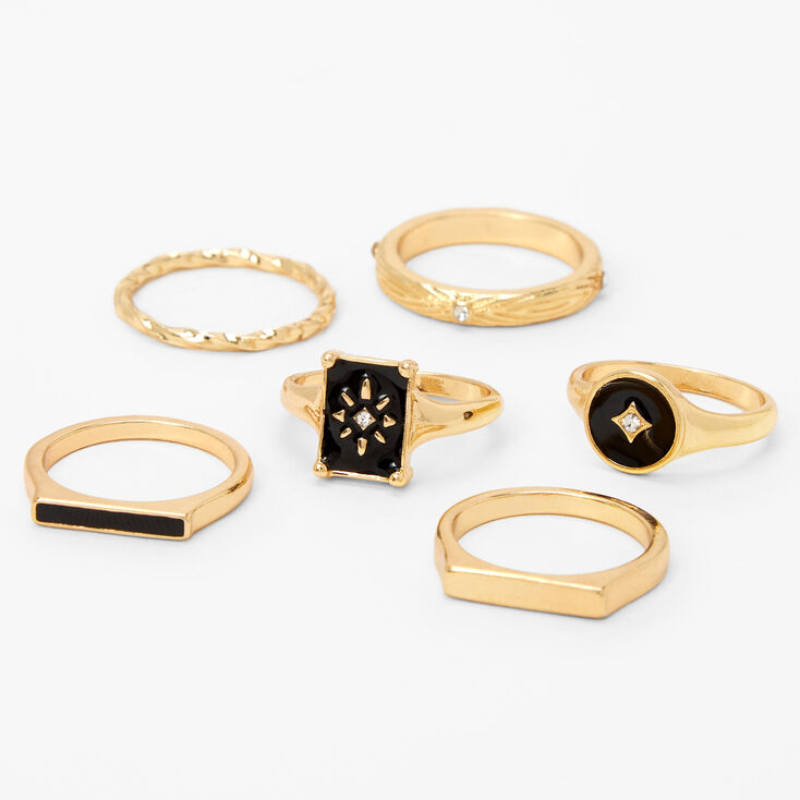 Gold Starburst Enamel Rings - Black, 6 Pack,