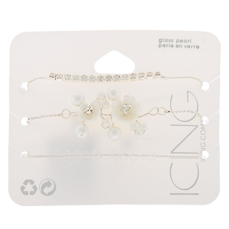 Silver Frosted Flower Adjustable Bracelets - White, 3 Pack,