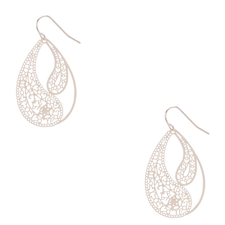Silver Tone Paisley Filigree Teardrop Drop Earrings,