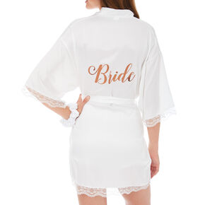 White &amp; Rose Gold Foil Satin Bride Robe - S/M,