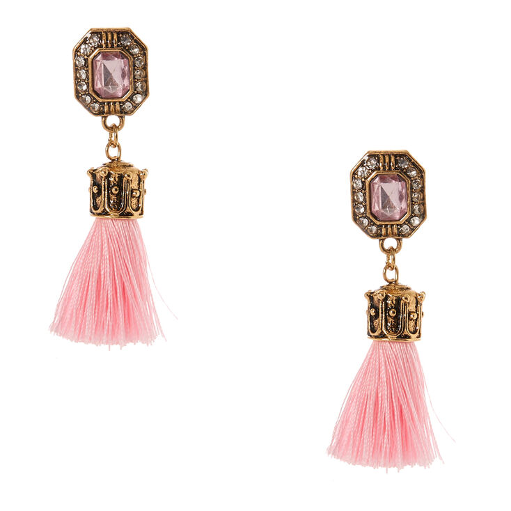 Gold Tone & Pink Gem Tassel Drop Earrings,