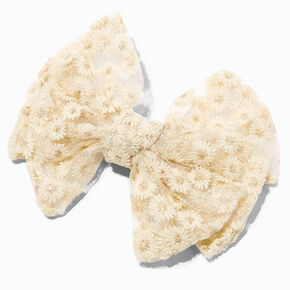 Embroidered Floral Large Hair Bow Clip - Ivory,