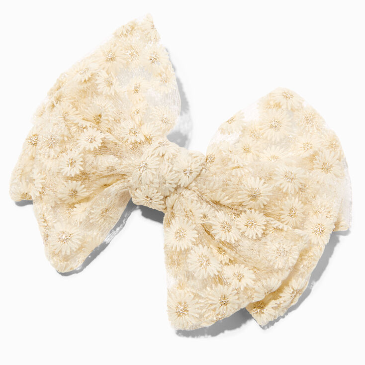 Embroidered Floral Large Hair Bow Clip - Ivory | Icing US