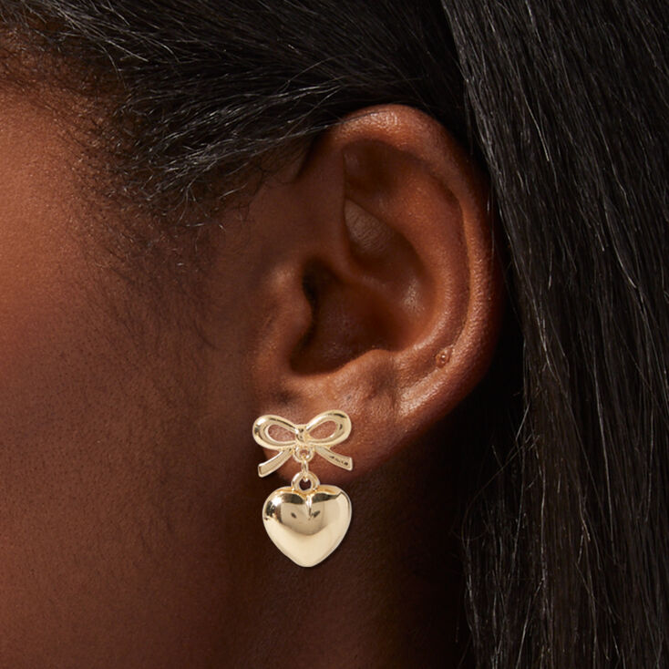 Gold-tone Bow &amp; Heart 0.5&quot; Drop Earrings,