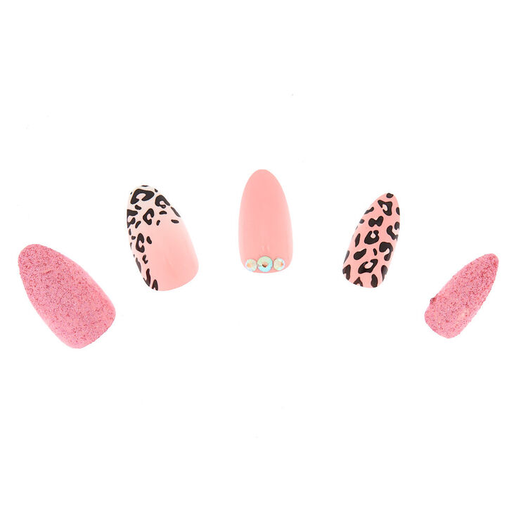 Leopard Bling Faux Nail Set - Pink, 24 Pack,