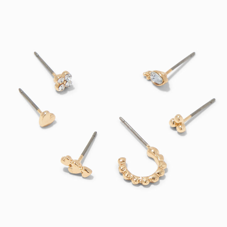 Gold Mixed Heart Single Hoop &amp; Stud Earrings - 6 Pack,