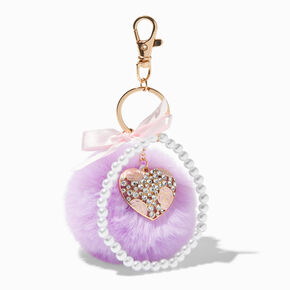 Purple Pom Pom Heart Charm Keychain,