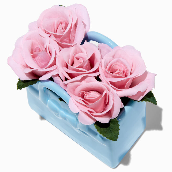 Blue Purse Planter With Faux Roses,