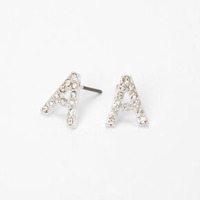 Silver Crystal Initial Stud Earrings - A,