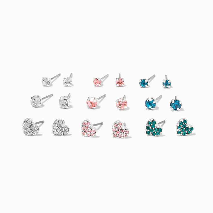 Silver Crystal Round &amp; Heart Stud Earrings - 9 Pack,