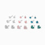 Silver Crystal Round &amp; Heart Stud Earrings - 9 Pack,
