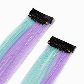 Purple &amp; Mint Striped Tinsel Faux Hair Clip In Extensions - 2 Pack,