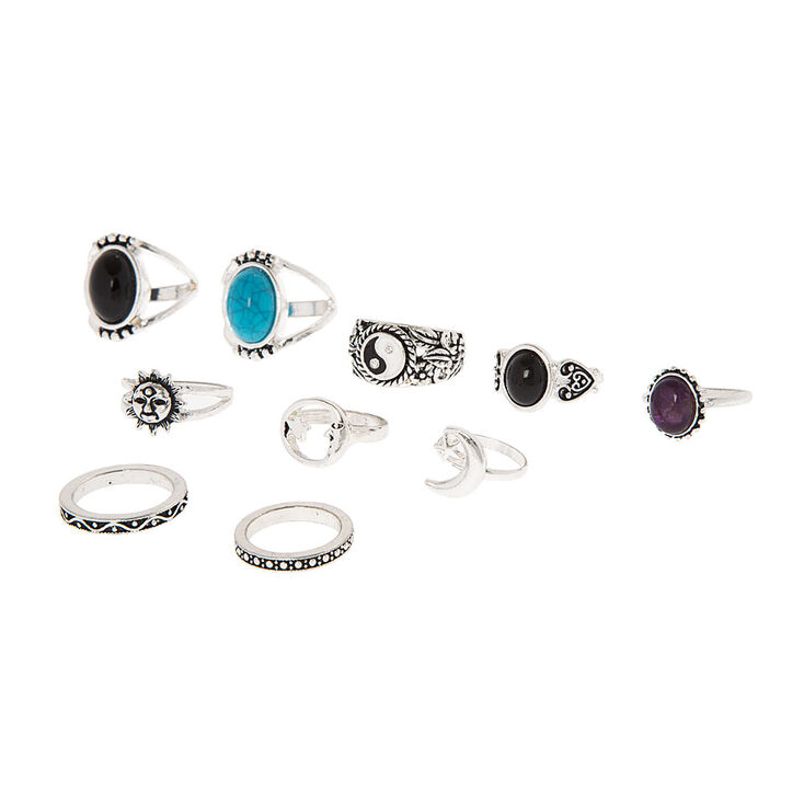 Silver, Black & Turquoise Rings Set of 10,