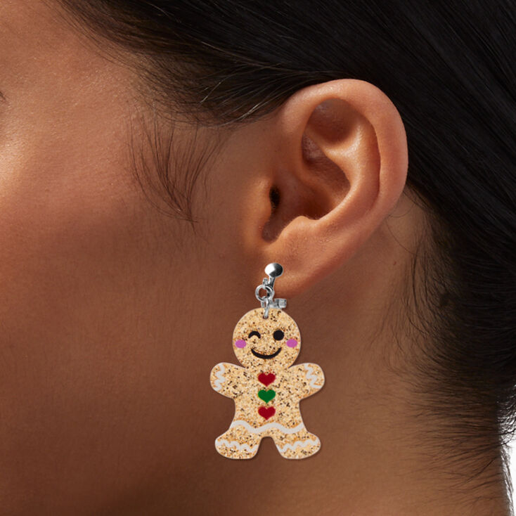 Gingerbread Cookie Glittery Clip-On Drop Earrings,