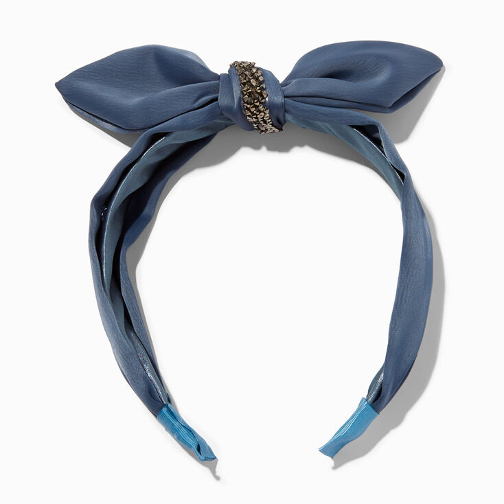 Blue Embellished Satin Knotted Bow Headband,