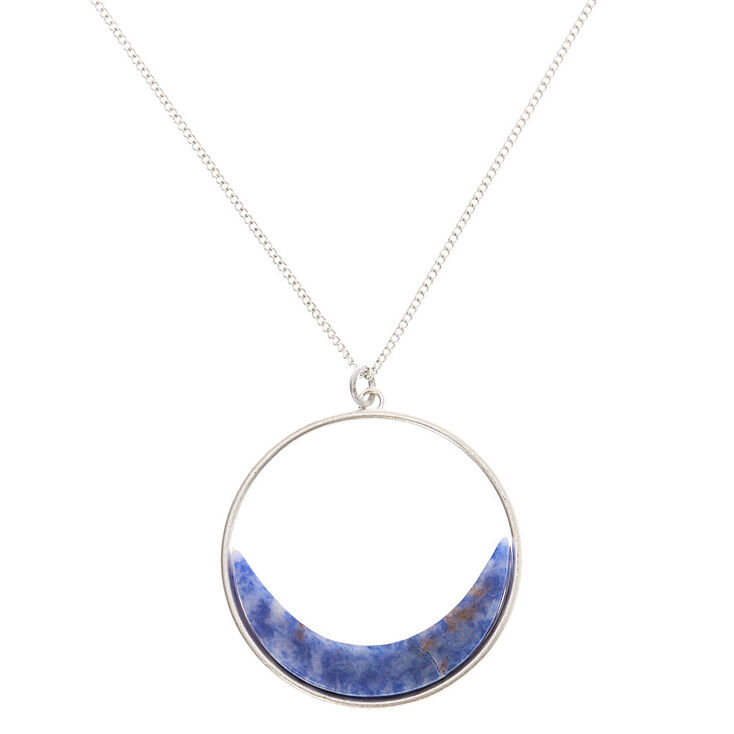 Silver Lapis Lazuli Crescent Moon Long Pendant Necklace - Blue,