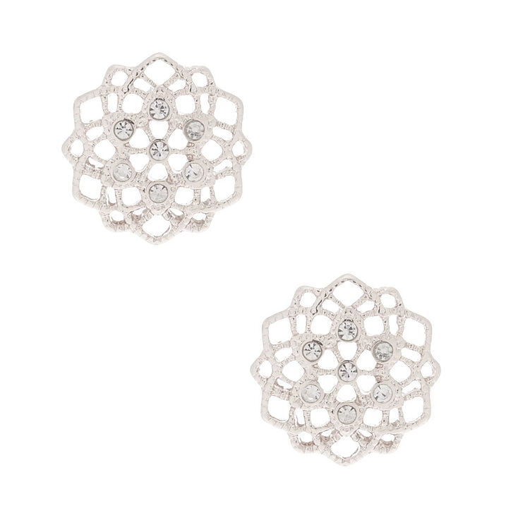 Silver Filigree & Rhinestone Stud Earrings,