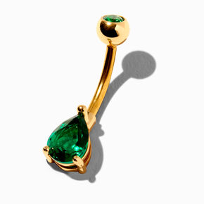 Gold 14G Emerald Teardrop Crystal Belly Bar,
