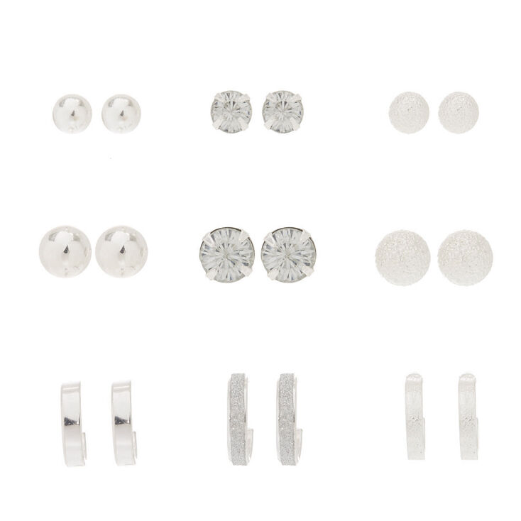 9 Pack Silver-Tone Stud Earrings,