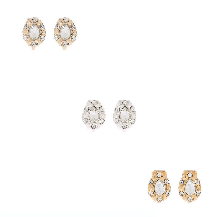 Mixed Metal Crystal Tear Drop Clip On Stud Earrings - 3 Pack,