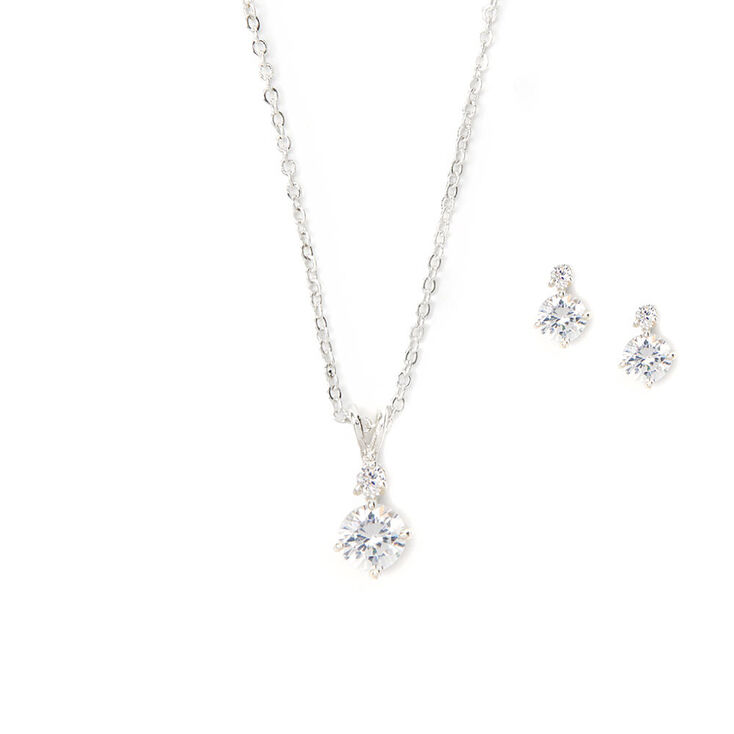 Cubic Zirconia Diamond Drop Pendant Necklace & Earrings Set,
