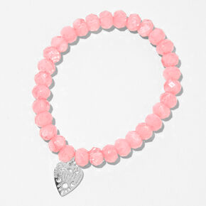 Silver Heart Pink Beaded Stretch Bracelet,