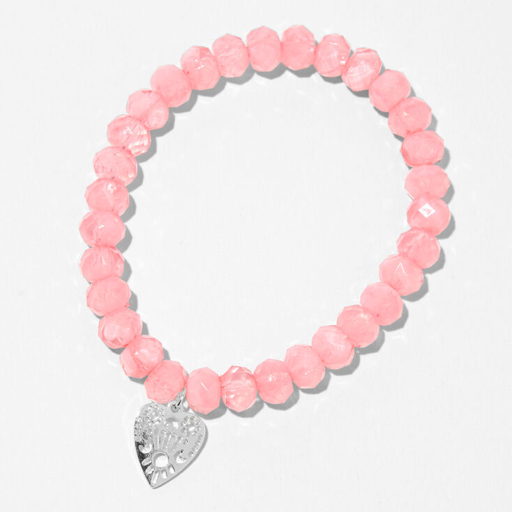 Silver Heart Pink Beaded Stretch Bracelet