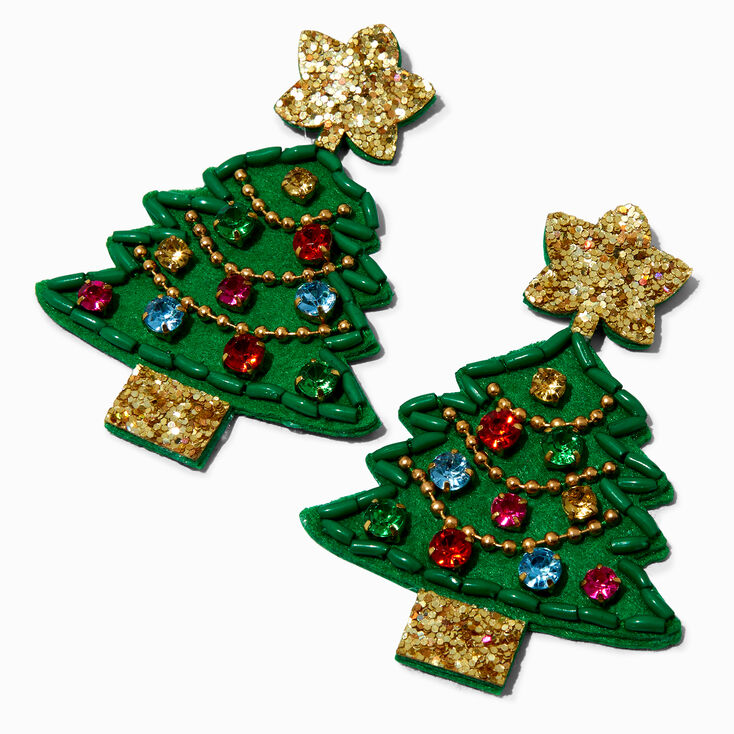 Gemstone &amp; Glitter Christmas Tree 3&quot; Drop Earrings,