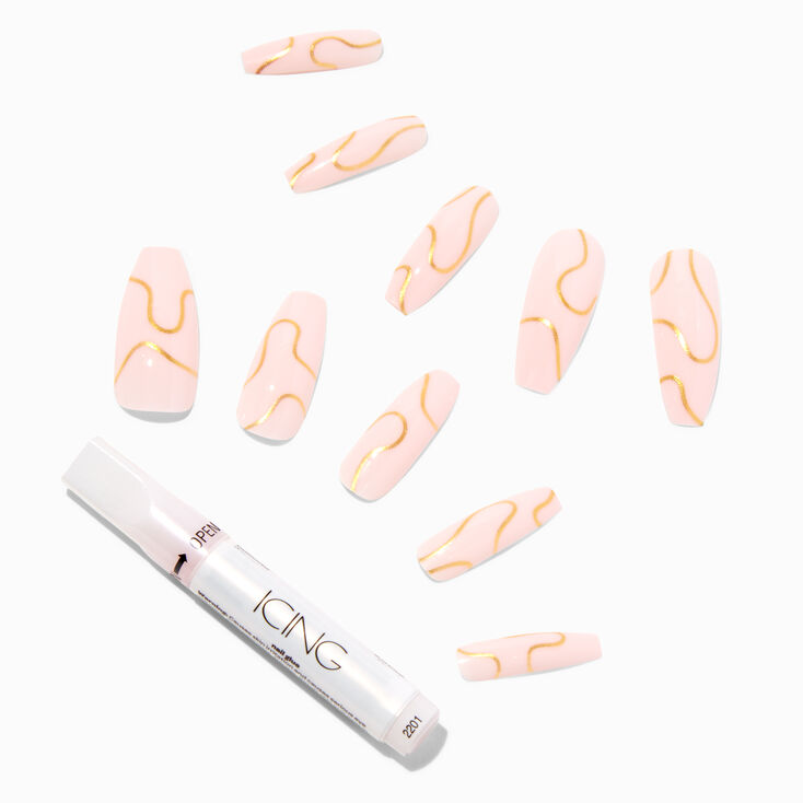 Rose Gold Swirl XL Coffin Vegan Faux Nail Set - 24 Pack,