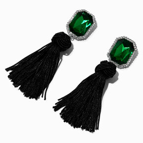 Emerald Green Gemstone &amp; Black Tassel 4&quot; Drop Earrings,