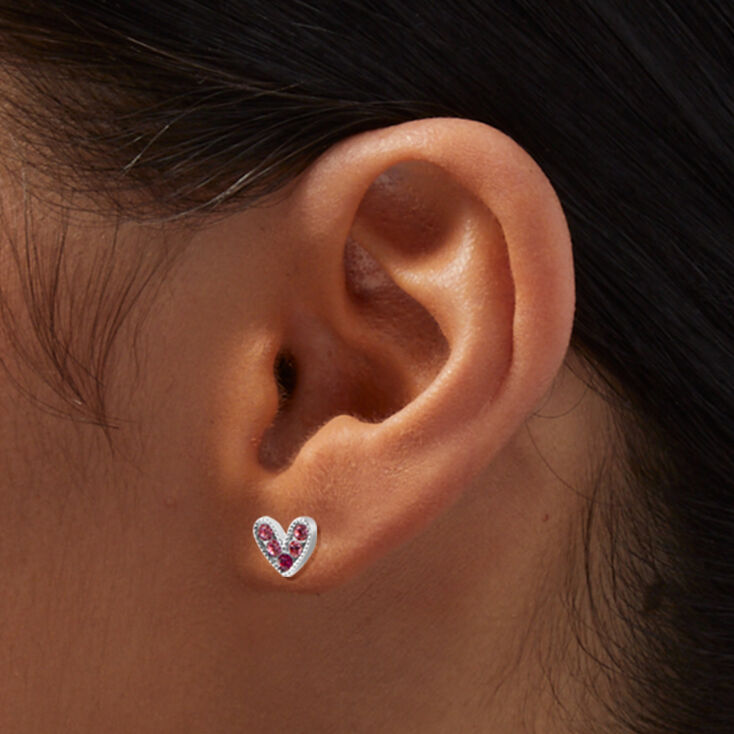 Silver-tone Pink Crystal Heart Stud Earrings,