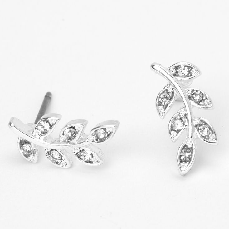 Silver Crystal Leaf Stud Earrings