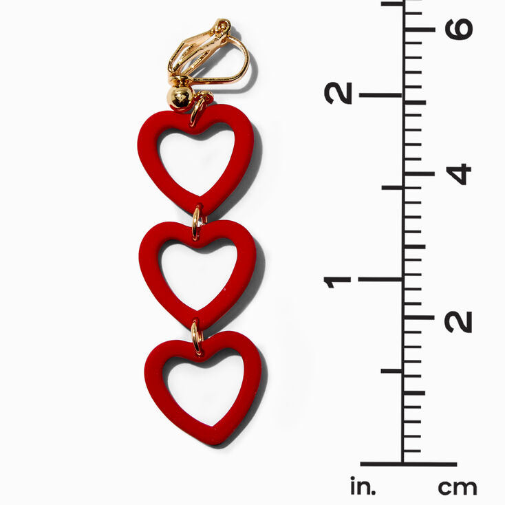 Red Triple Heart 2&quot; Linear Clip-on Drop Earrings ,