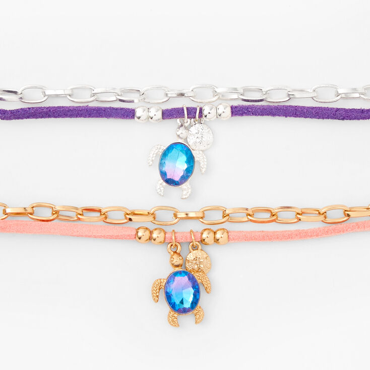 Mixed Metal Blue Turtle Multi Strand Chain Bracelet Set - 2 Pack,