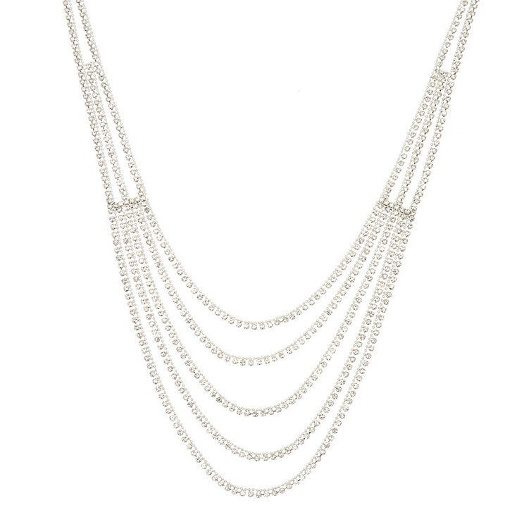 Silver Rhinestone Layered Swag Statement Necklace,