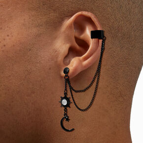 Black Celestial Opal Ear Cuff Connector Drop Earrings,