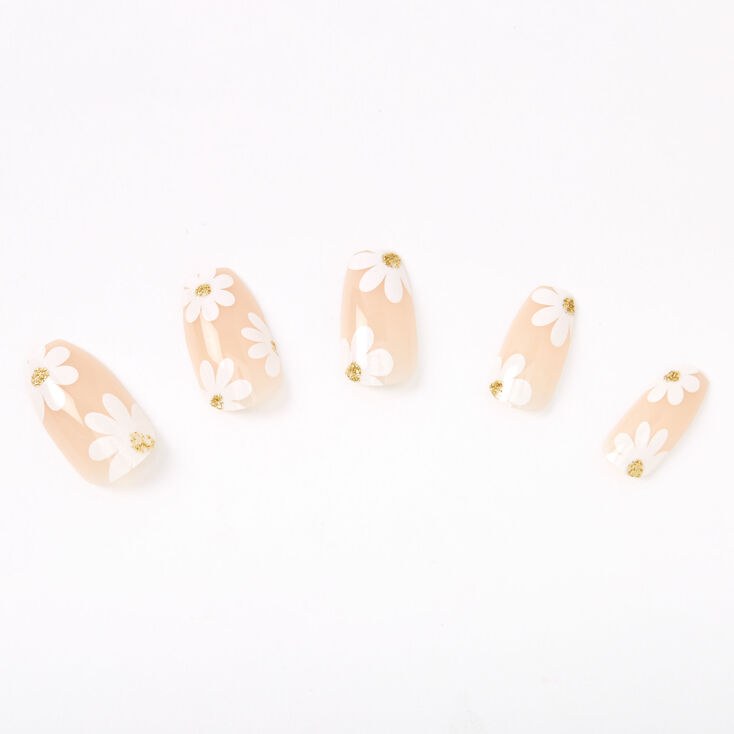 White Daisy Coffin Faux Nail Set - Nude, 24 Pack,