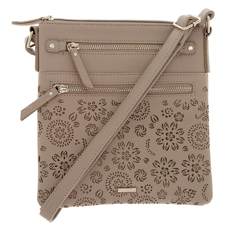 Filigree Cut Perforated Midi Crossbody Bag - Gray,