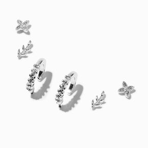 Silver-tone Cubic Zirconia Leaf Stackable Earrings - 3 Pack,